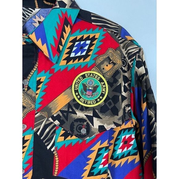 Wrangler Shirt L Red Western Cowboy Military Floral Tropical Resort Mature 80s - Picture 5 of 12